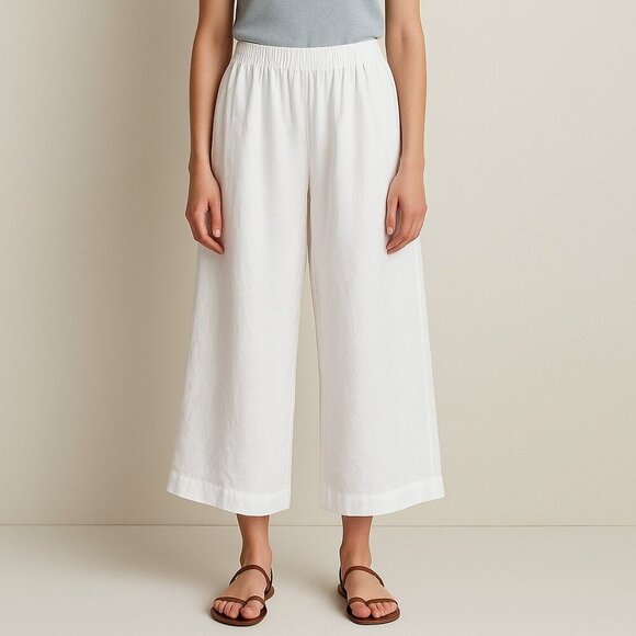 Eskandar Linen Cropped Pants White Wide Leg Elastic Waist Lagenlook Size 1 - Picture 1 of 10